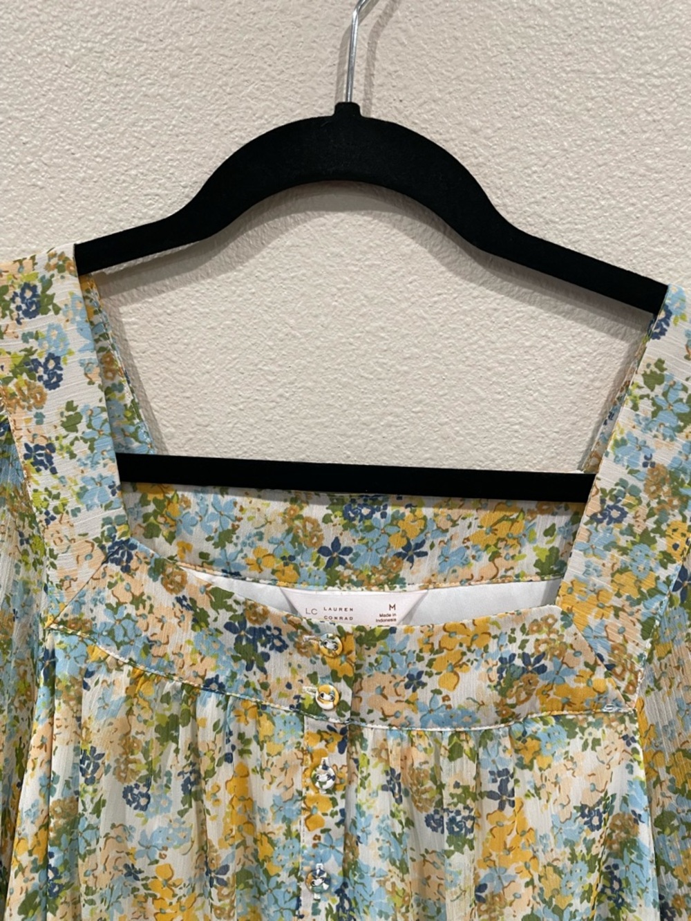 LC Lauren Conrad Yellow & Blue Floral Square-Neck Blouse - Picture 2 of 7